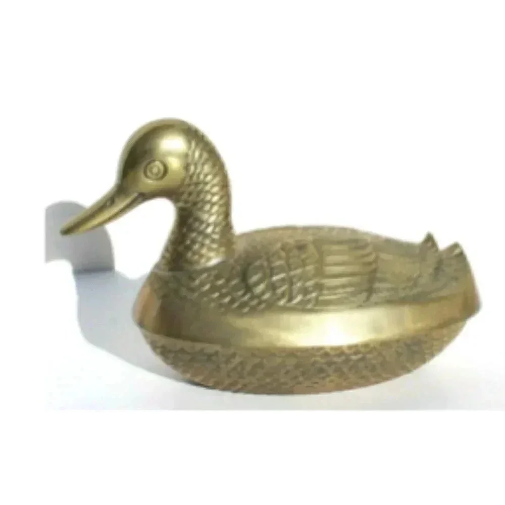 Vintage MCM Solid Brass Duck Goose Table Top Storage Container Figurine Decor